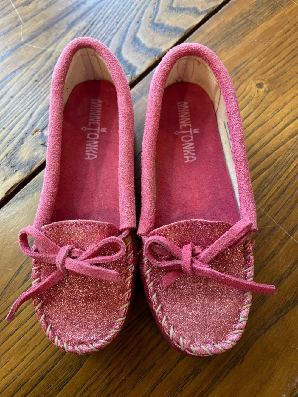 Minnetonka Kids Pink Glitter Suede Moccasins